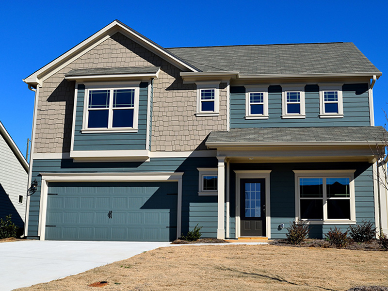 Grey and Blue House with White Trim.